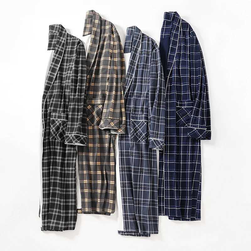 Spring and Autumn Checkered Mens Sp Top Kimono Mens Full Pure Cotton Long Bath Towel Bridal Dress M-4XL W241023