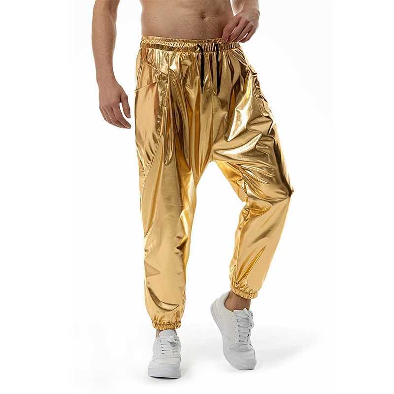 Mens Metal Shiny Jogging Pants Night Club Disco Party Elastic Pants Gold SilverX241023