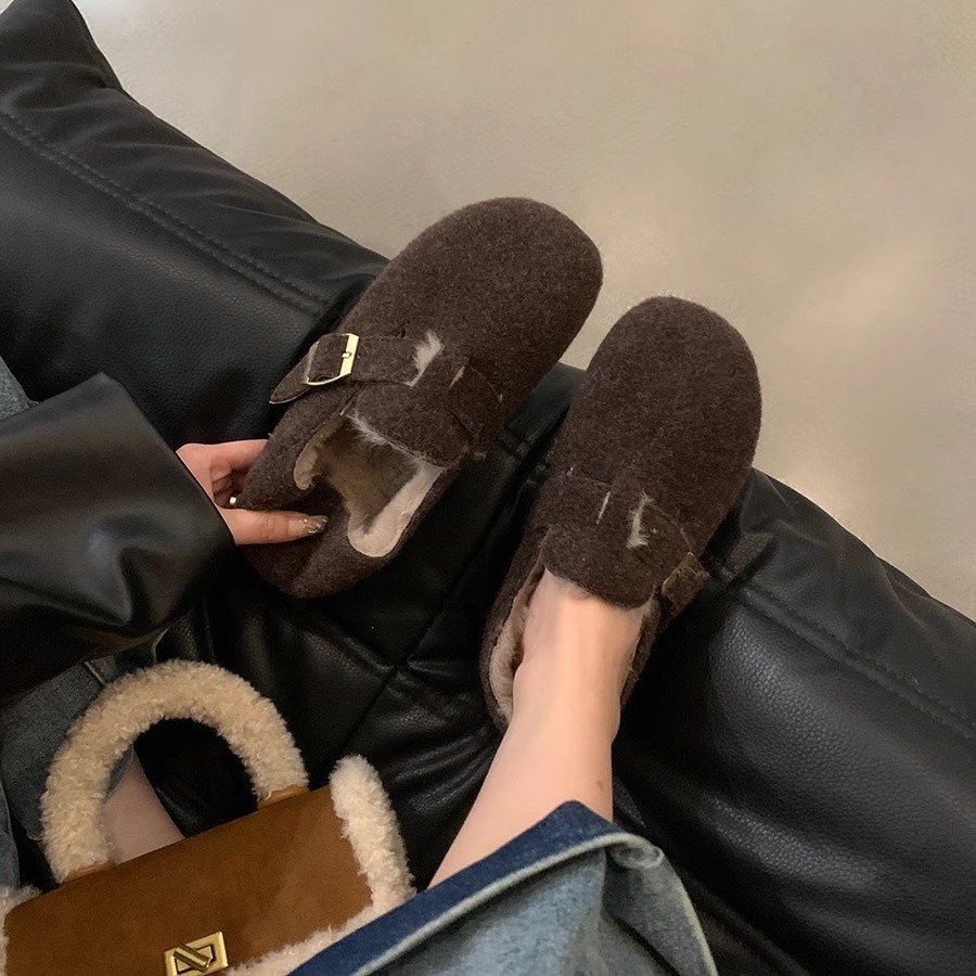 Women's Fashion Cozy Furry Veet Warmth Baotou Flat Slippers in Solid Brown, Black, Beige - Sizes 35-40