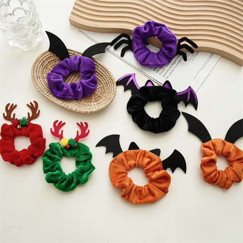Cute Velvet Scrunchies Hair Loop Deer Horn Bat Hairband for Women New Halloween Headwear Christmas Hair Accessories GiftX241021