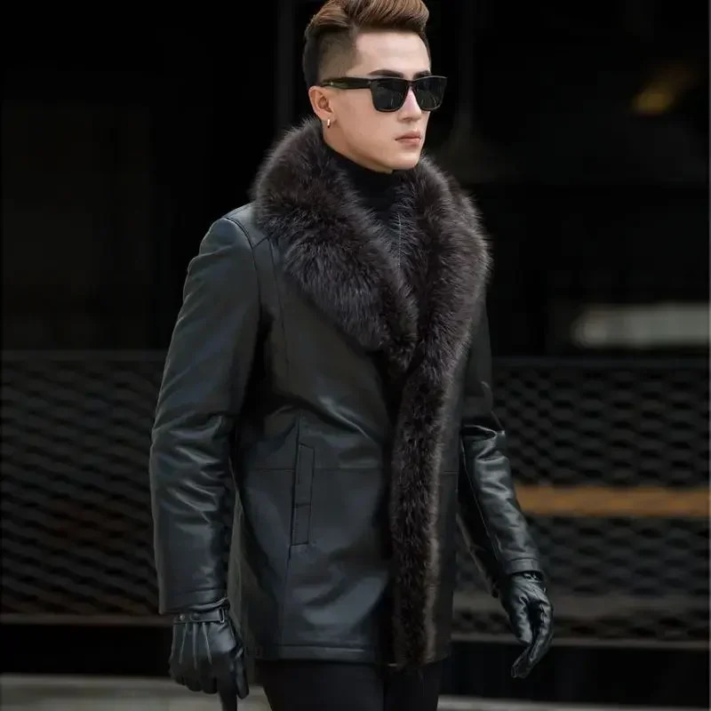 Haining Fur One Person Wool Thick Leather Coat Sheepskin Raccoon Large Fur Collar Medium Long Mens Wear 241023