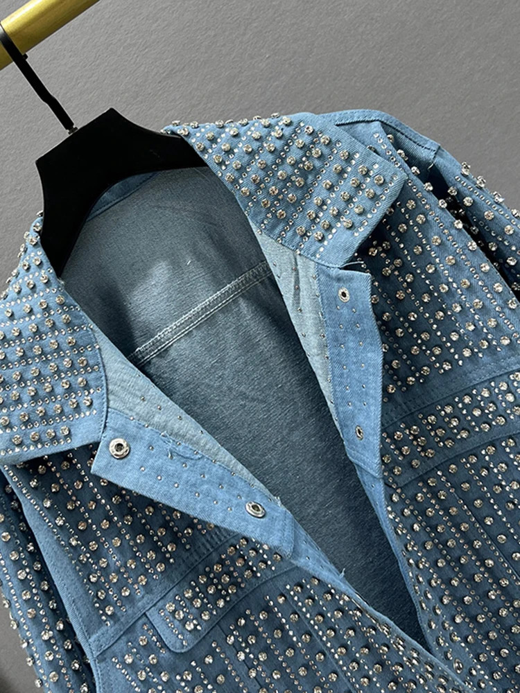 Street Clothing Splicing Rivet Denim Jacket Womens Fashion Collar Long Sleeve Loose Coat Womens Coat Autumn Trend