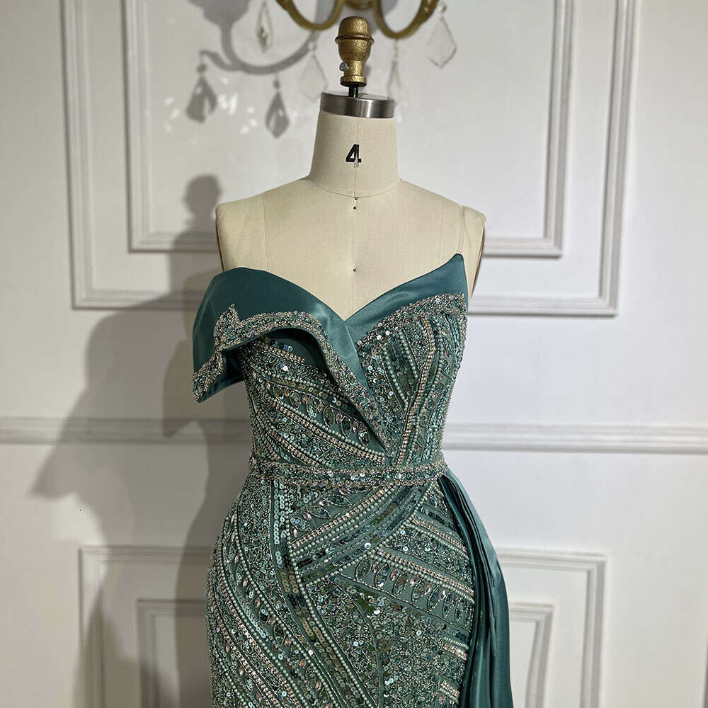 Serene Hill 2024 Arabic Turquoise Beaded Evening Dresses Dubai Elegant One Shoulder Women Party Gown