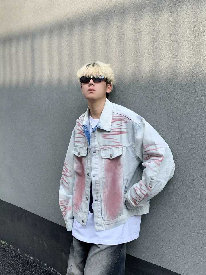 Y2K vintage denim jacket high stripes fashionable embroidered collar motorcycle jacket loose casual mens clothing X241023