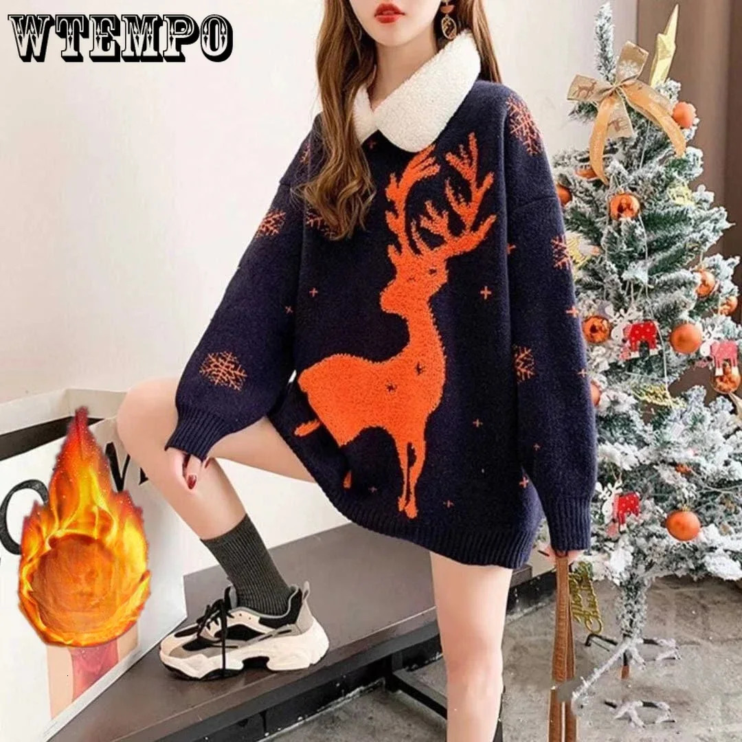 WTEMPO Womens Long Sleeve Drop Shoulder Christmas Sweater Fleece Lined Knitted Jumper Turn Down Collar Deer Snowflake Knitwear 241021