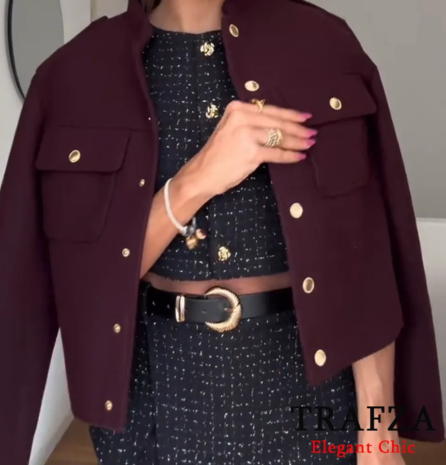 TRAFZA Womens Retro Soft Coarse Linen Jacket Gold Button Half Neck Jacket Autumn Fashion Deep Burgundy Jacket 241023