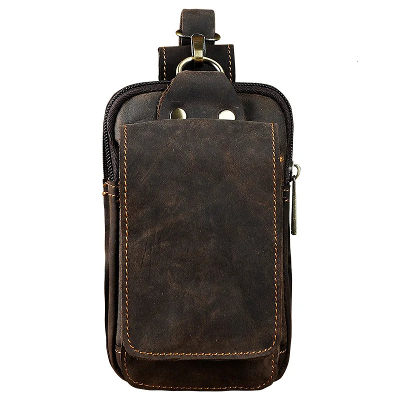 Leather mens casual small waist bag cowhide fashionable hook vagabond bag waist bag cigar box 5.5-inch phone bag 1609 241023
