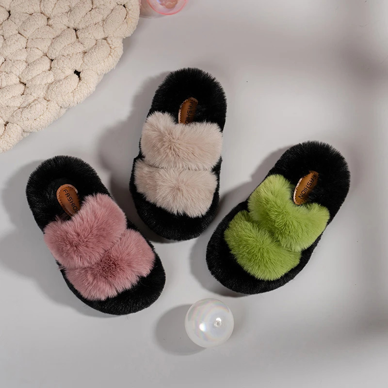 Girl slider fur open toe tricolor family outdoor childrens slider winter fashion slider casual fully matched childrens shoes 241022