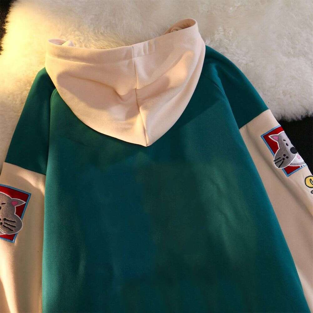High end Block Color Vintage Cute Cartoon Print Zip Up Hoodies Women Kawaii Spring Clothes Sweatshirt Jackets Coats Oversized Teens