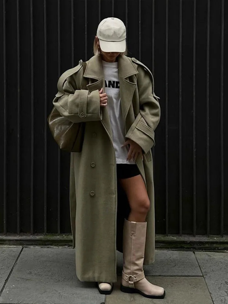 Retro single chest lapel long coat womens casual loose solid wool coat with pockets womens winter chic street coat 241023