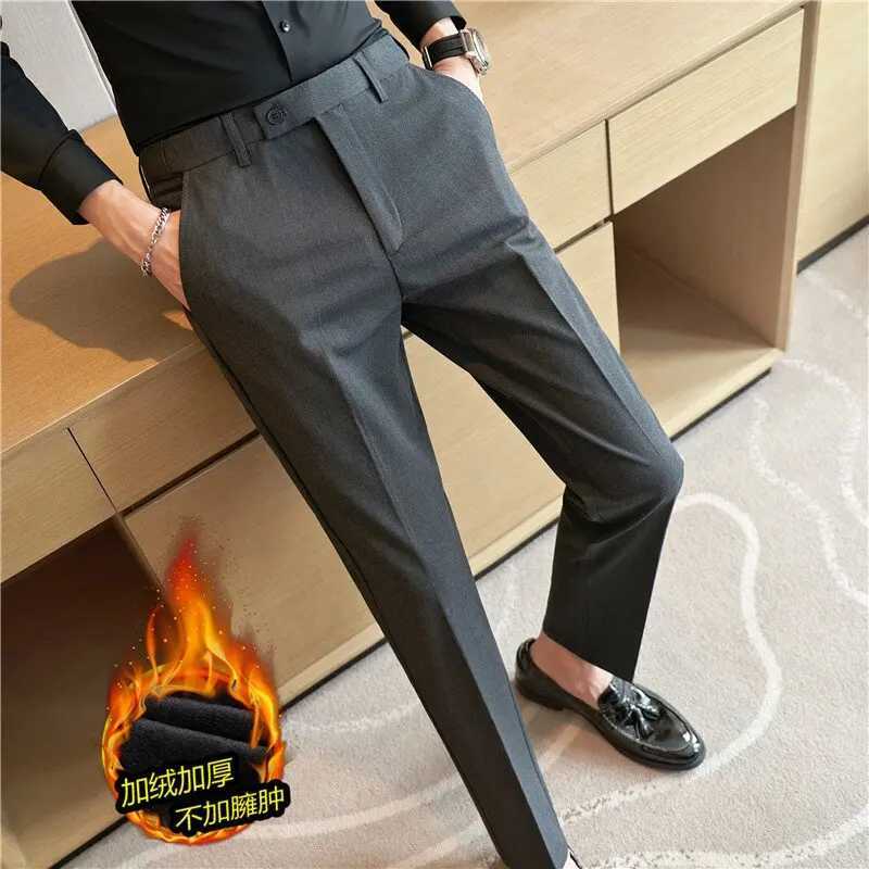 2023 Autumn Winter Plush Warm Suit pants Men Solid Color Elastic Waist Dress Pants Formal Business Slim Office Social TrousersXJ241023