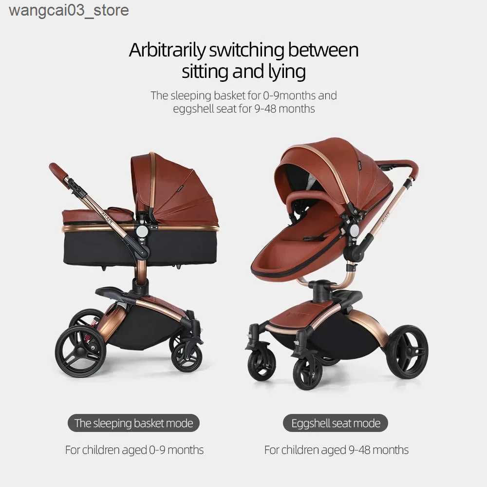 Strollers# Landscape baby carriage PU leathe Baby stroller 3in1 Two-way High r Foldable shock-absorbing eggshell stroller 2in1 L240910