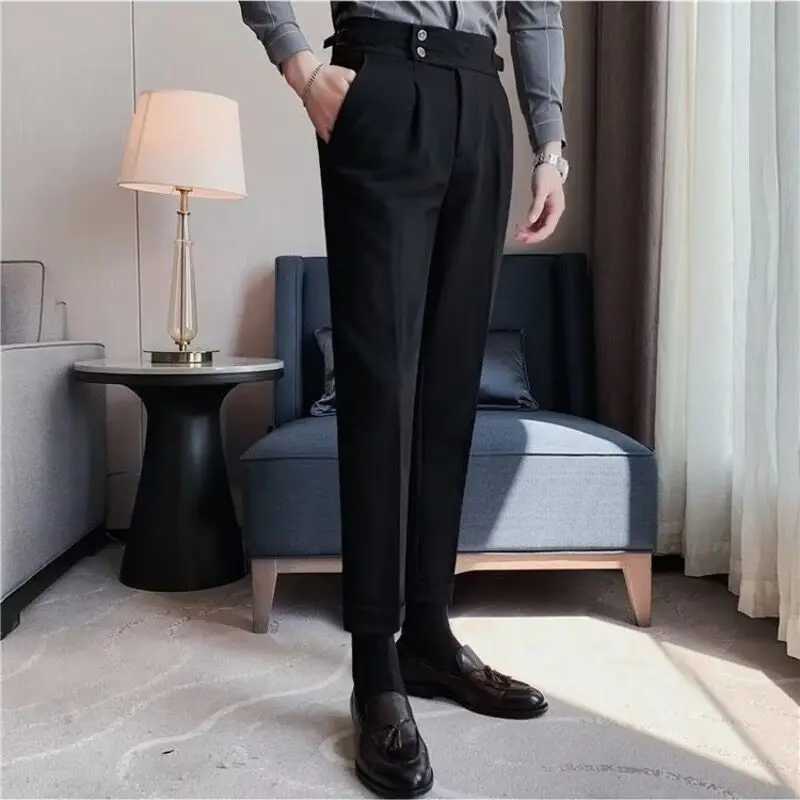 Business Young Mens British Style Casual Dress Pants Trendy Slimming Solid Color High-end Narrow Ankle Nine-point PantsX241023
