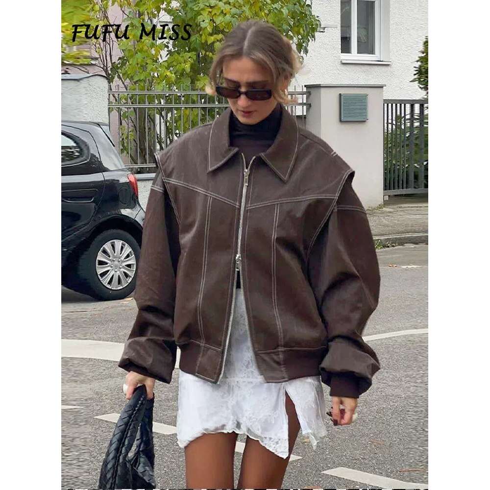 Vintage Solid Lapel Leather Jacket Women Long Sleeve Zipped Pocket Loose Coat 2024 Autumn Lady High Street Locomotive Outerwear