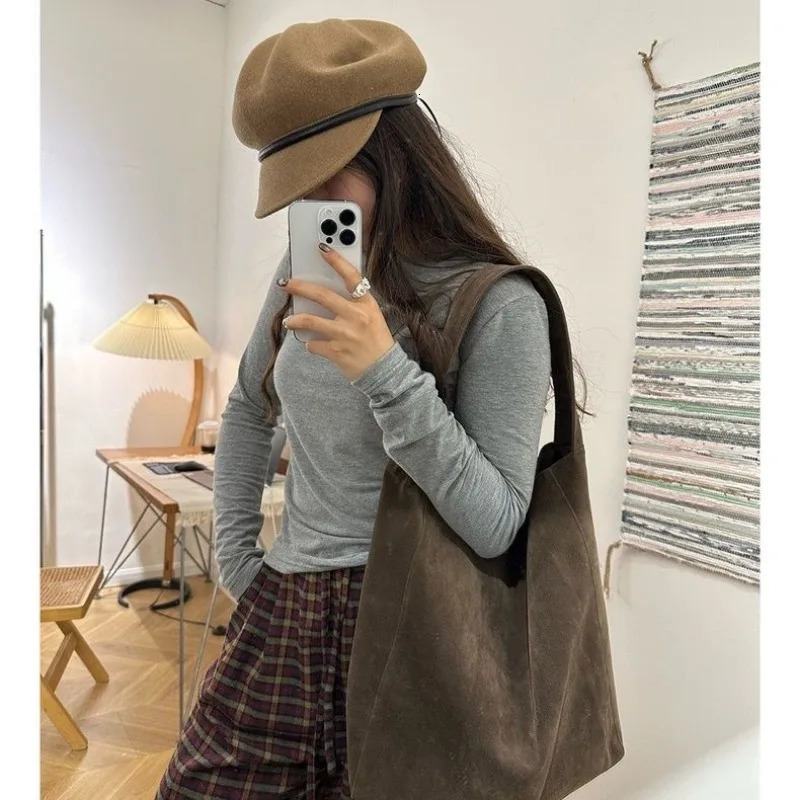Korean Style Large Capacity Commuting Suede Solid Color Simple Bag Shoulder Handbag Hand Bags for Women 241021