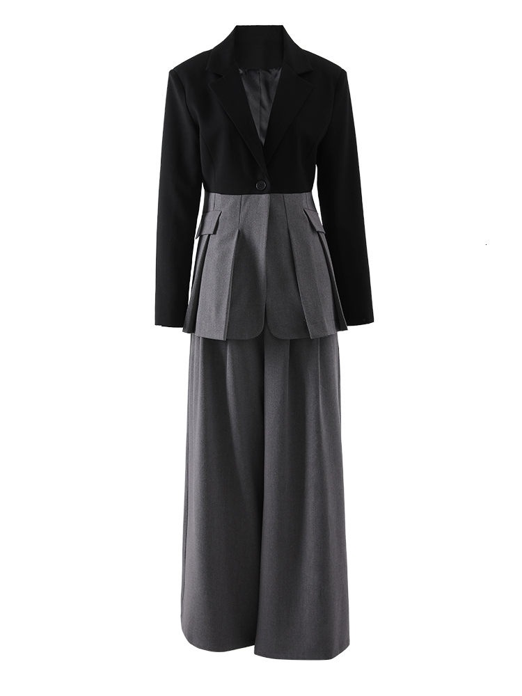 DEAT Afashion Women's 2 Pcs Set Notched Collar Contrast Color Single Button Folds High Waist Slim Suit Spring 2024 New Cpdb055