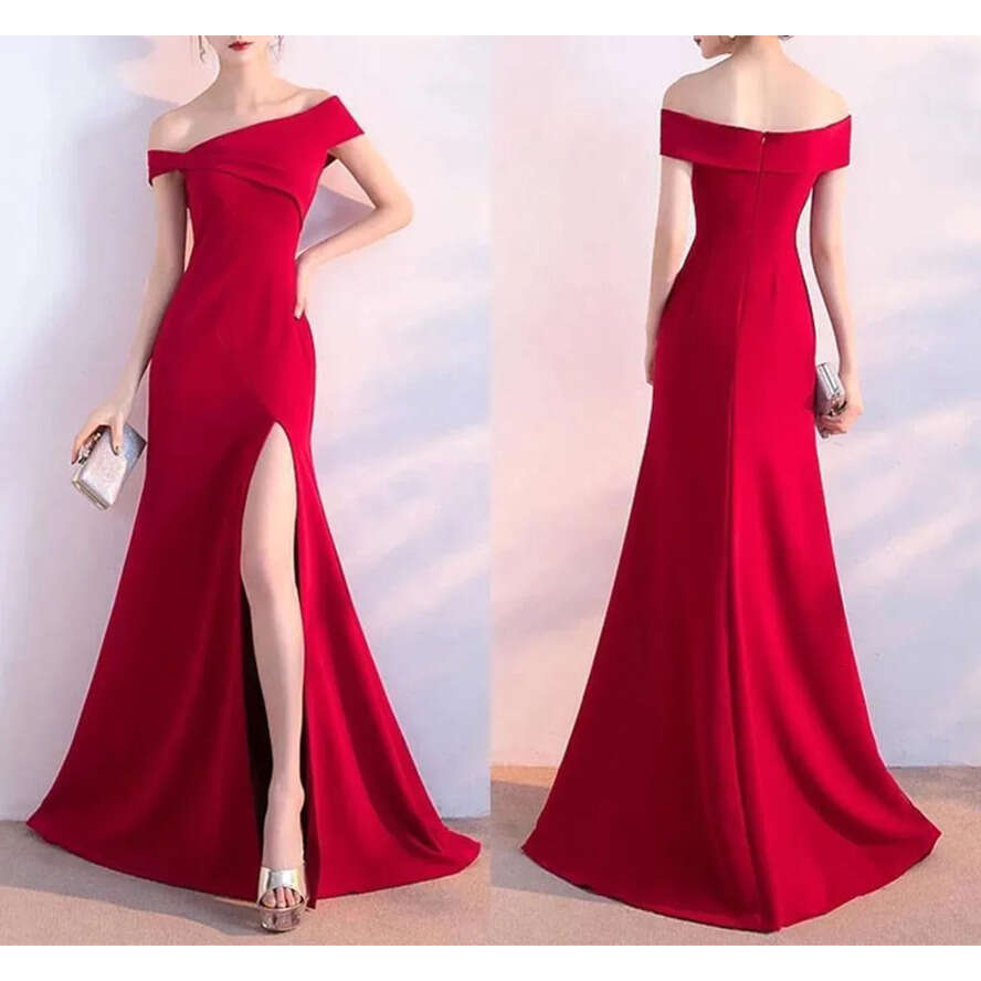 Elegant Navy Blue Red Bridesmaid Dresses A E Off Shoulder Split Satin Maid Of Honor Gowns Women Evening Prom Party Dress Bc Vening