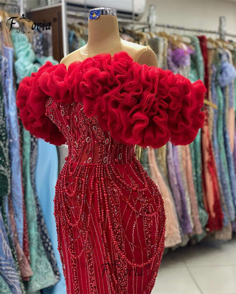 Grand Red Wedding Dress Ruffle Tulle Necke Formal Ocn Gown Pearls Crystal Mermaid Bride Dresses Vestido De Novia