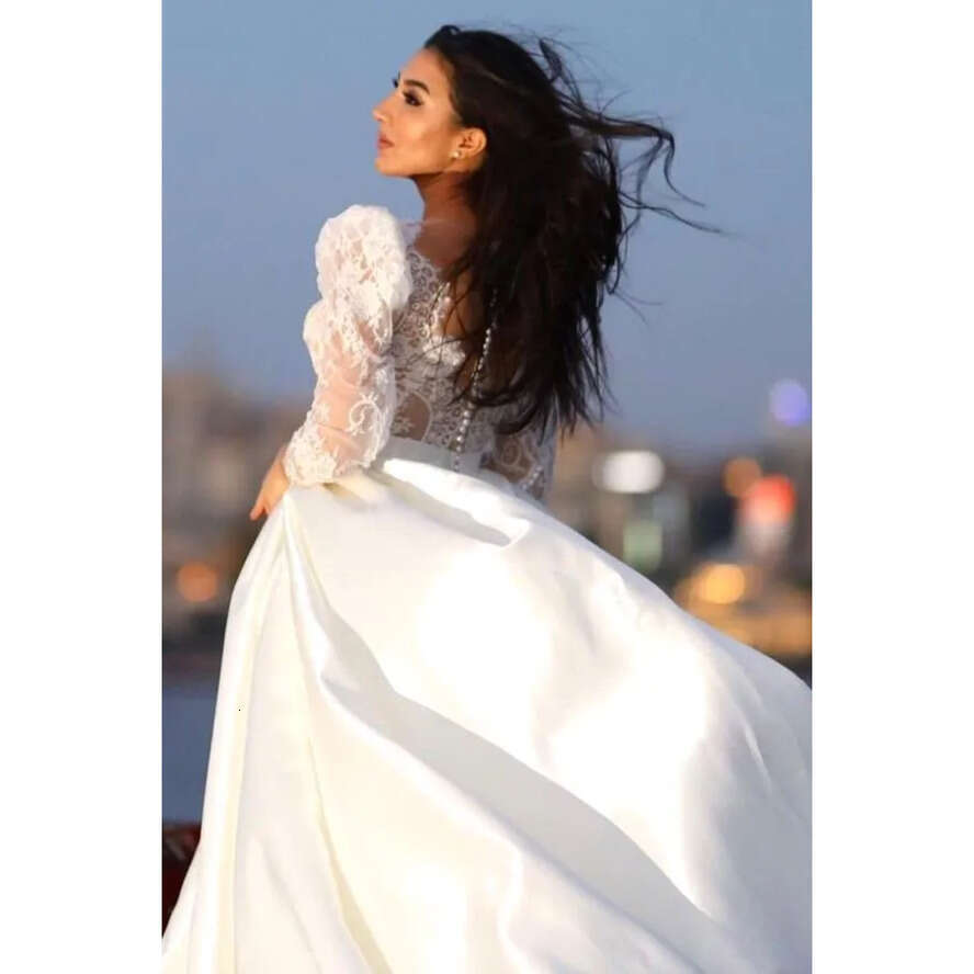 Arabic Lace Sleeve Modest Wedding Dresses A E Sheer Appliques V Neck Satin Long Bridal Gowns With Button Covered Back Bc18523 ppliques