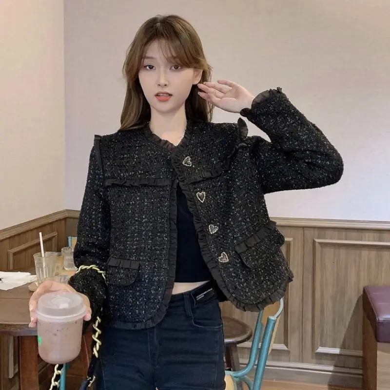 Womens retro elegant pleated black tweed jacket Spring and Autumn Korean fashion womens long sleeved chic short sleeved jacket 241023