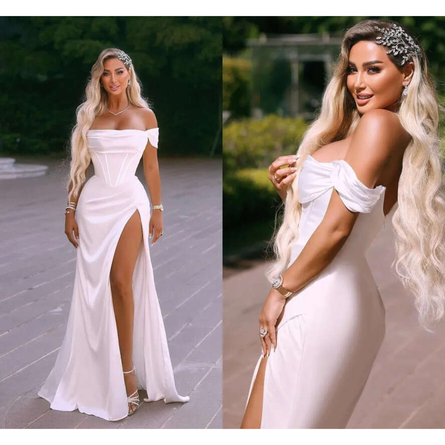 Dresses Evening Elegant Split Off Shoulder Mermaid Arabic White Satin Long Party Ocn Gowns Bridal Robes Bc18081
