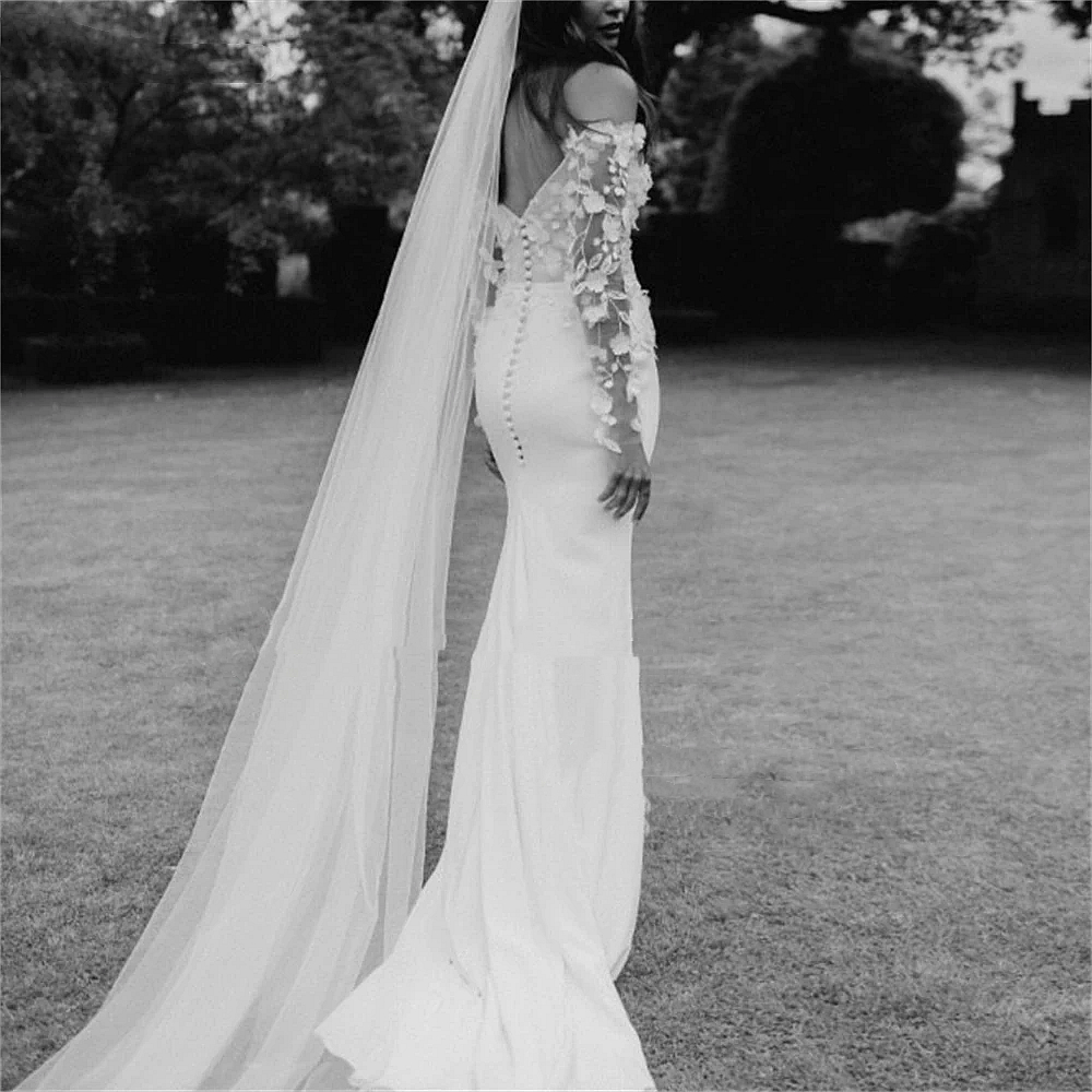 Off The Shoulder Mermaid Wedding Dresses 3D Floral Lace Appliques Long Sleeves Side Slit Bridal Gowns Sweep Train Boho Vestidos Novias