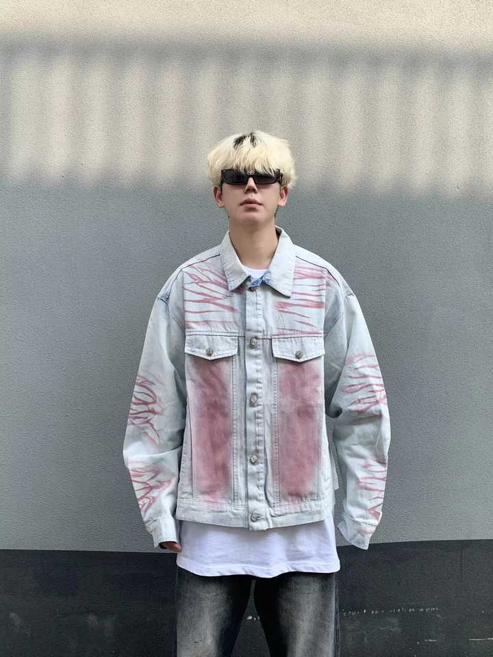 Y2K vintage denim jacket high stripes fashionable embroidered collar motorcycle jacket loose casual mens clothing X241023