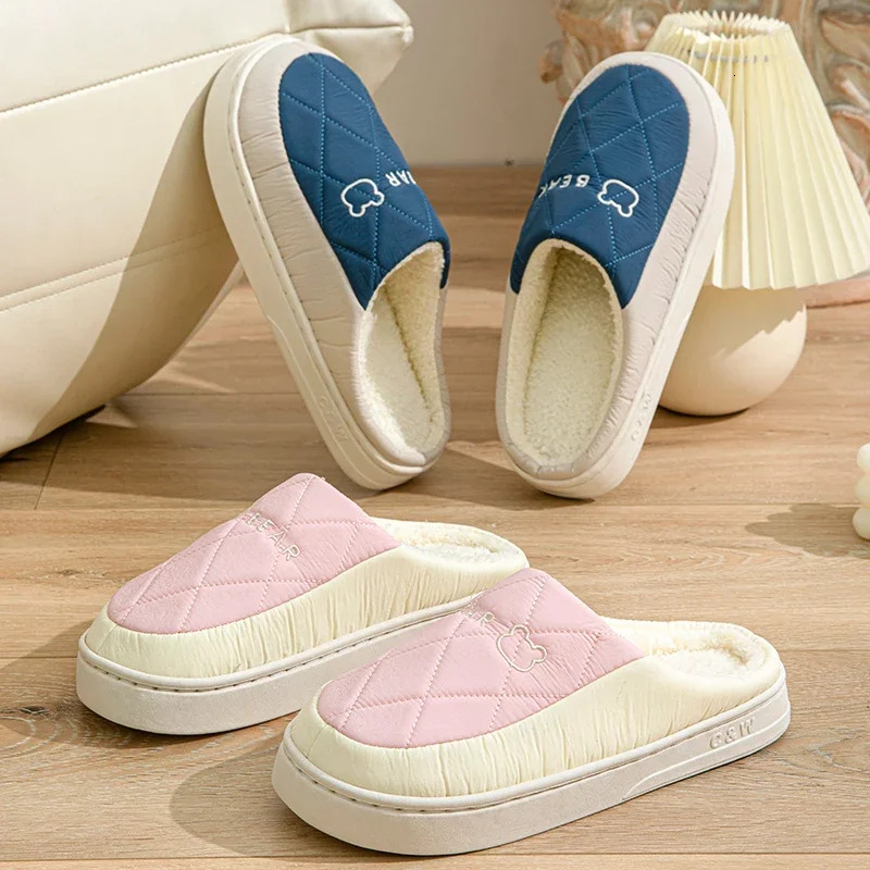Autumn Winter Plush Warm Women Cotton Slippers Indoor Home Casual Toe Wrap Thick Slides Men Anti Slip Vamp Waterproof Soft Shoes