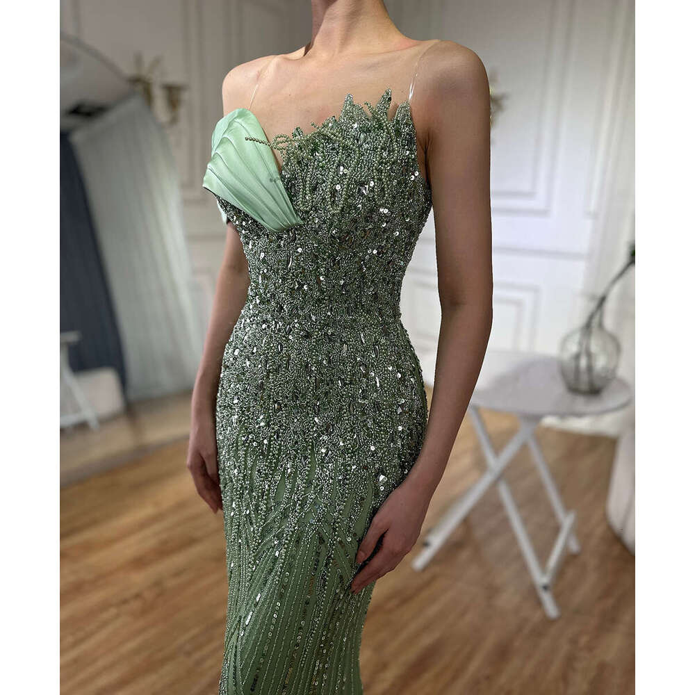 Serene Hill 2024 Arabic Green Mermaid Elegant One Shoulder Beaded Long Evening Dresses Gowns for Formal Ocn prom
