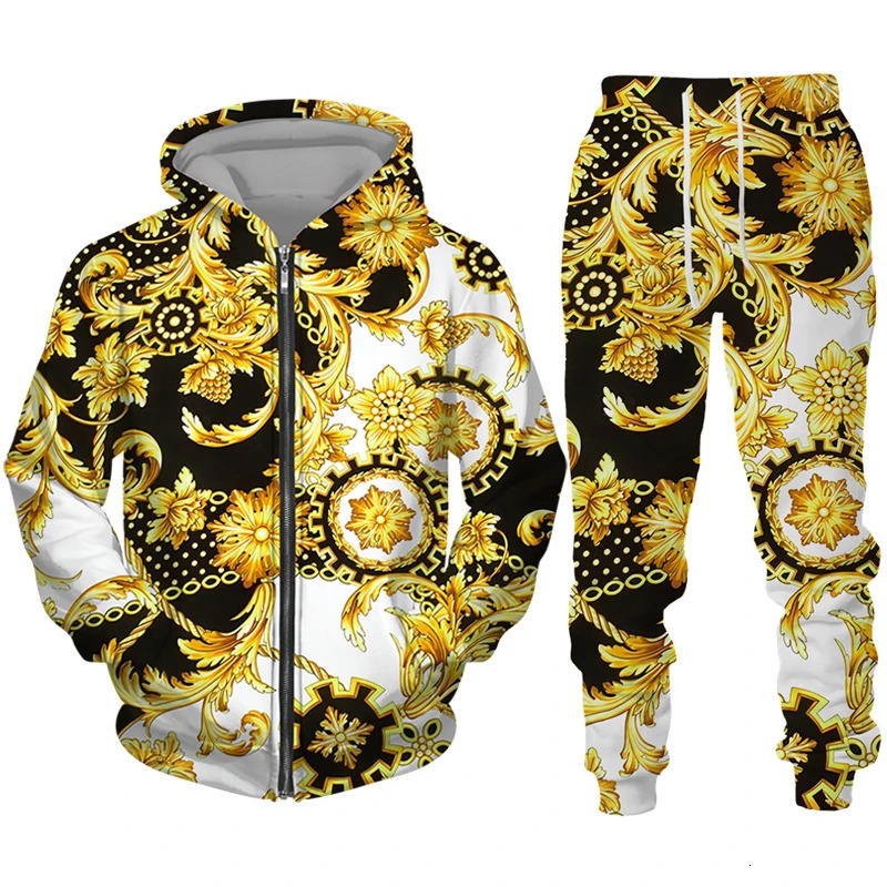 gold pattern 3D printed mens zipper track set casual hooded sweatshirtpants 2-piece set oversized sportswear fashionable mens clothing 241023
