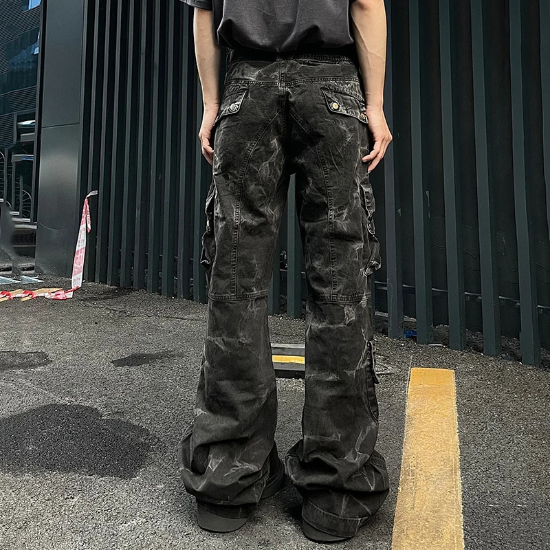 PFNW Dark Mens Denim Pants Tie Dye Multi Pocket Bottom Straight Wide Leg Boots Cut Mens Jeans Autumn 12C648 241022