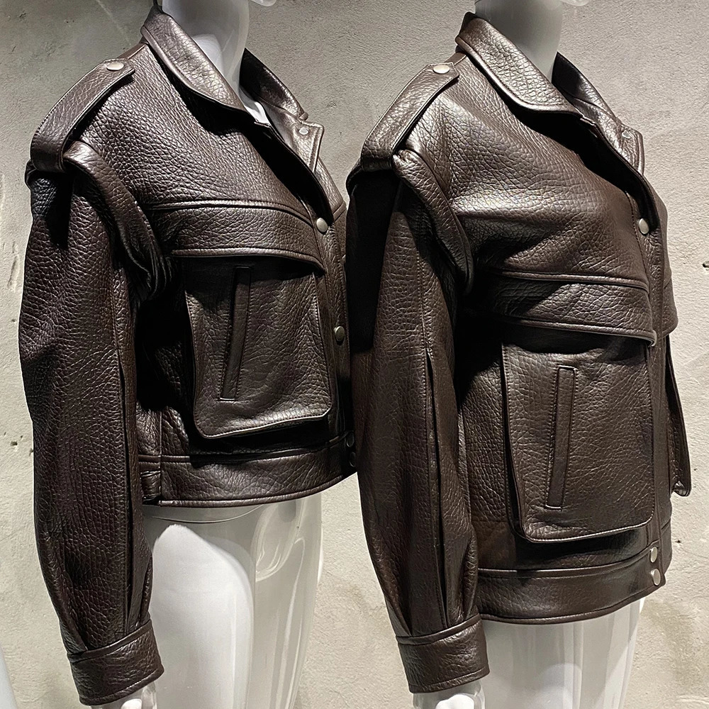 YOLOAgain Womens High Quality Genuine Leather Jacket Extra Large Dark Brown Grain Leather Jacket 241023