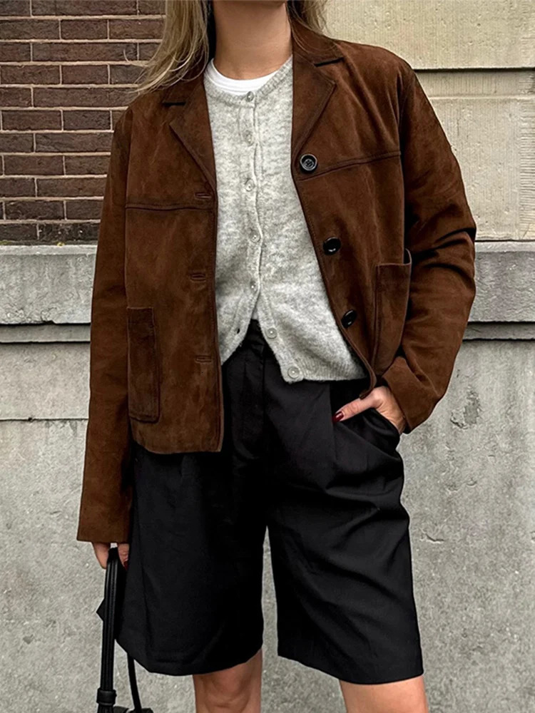 Flip collar single chest suede jacket for women retro short sleeved long sleeved jacket for women autumn casual brown high street jacket 241023