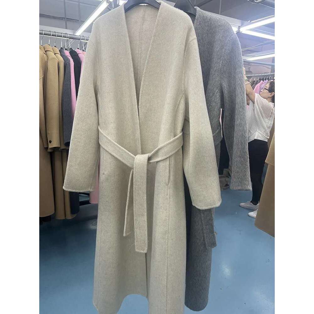 Rose Double-Sided Alpaca Korean High Quality Light Grey Winter New Collarless Bathrobe Wool Coat Women