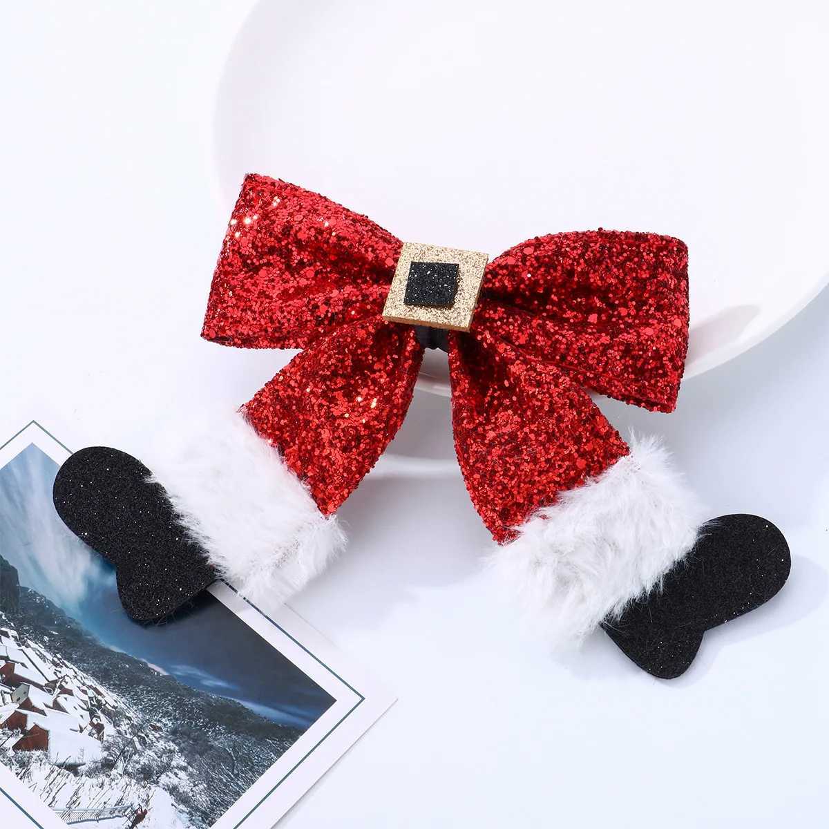 Womens hair clip with red bow socks Christmas series duck beak clip fabric sequin side clipX241021