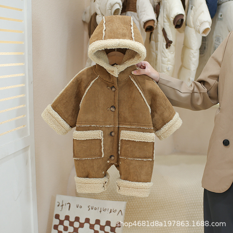 Thick Warm Infant Baby Jumpsuit Hooded Inside Fleece Boy Girl Winter Autumn Overalls Children Outerwear For Kids Snowsuit Romper 220107