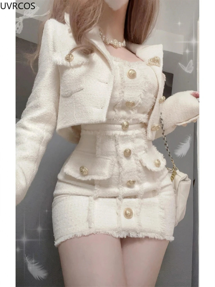 Korean style elegant retro two-piece set womens sweet wool short jacket with tassel mini dress set womens fashion set 241023