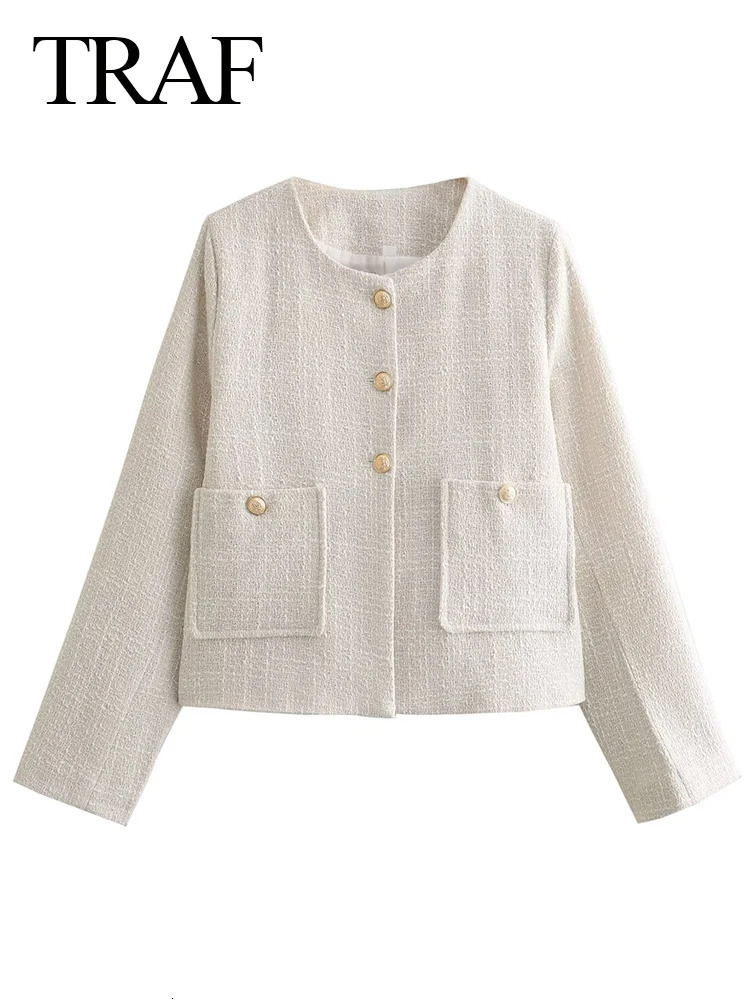 TRAF Spring Womens Elegant Coarse Felt Jacket Womens Single Chest O-Neck Long Sleeve Loose Texture Short Coat Womens Coat 241023