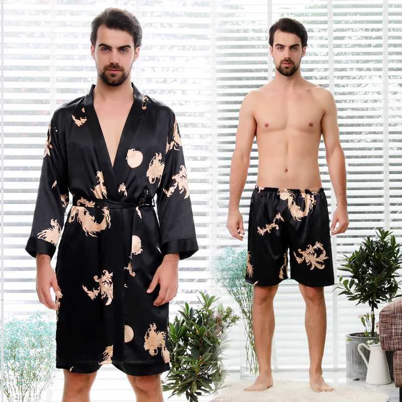 Large size 2PCS kimono bathroom dress couple Spwear home dress printed satin evening dress womens slippers evening dress mens long robe casual wear W2