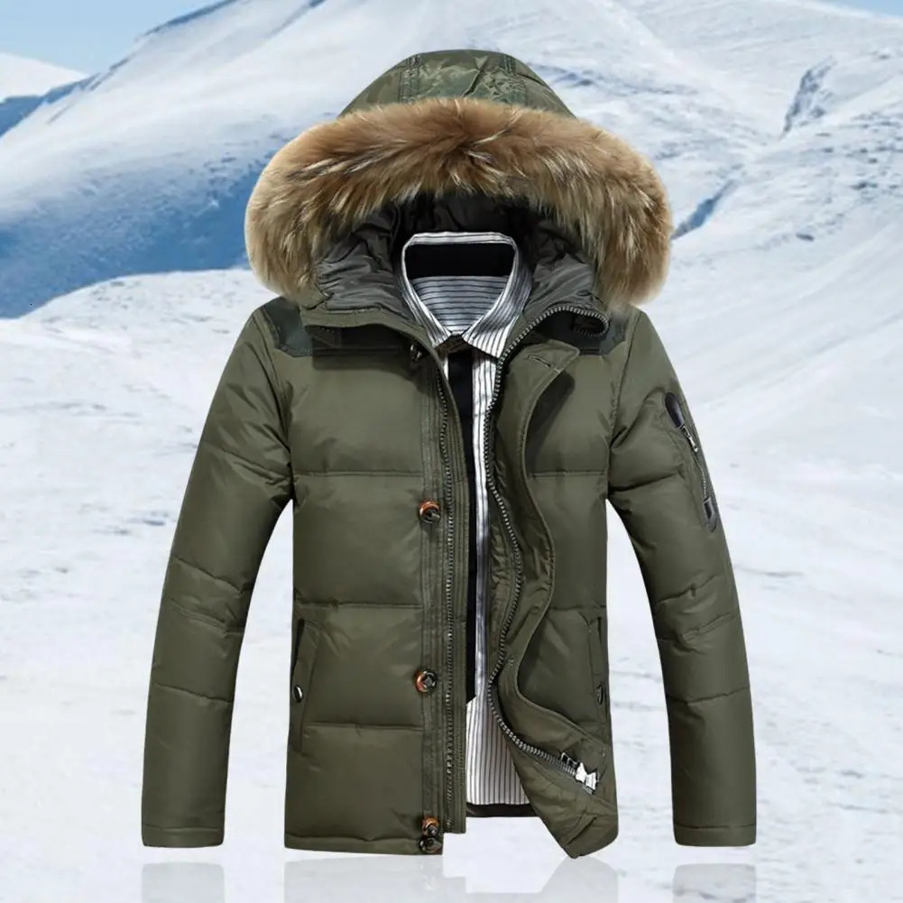 Mens hooded jacket with fur collar brushed solid color winter jacket with zipper suitable for weather 241022