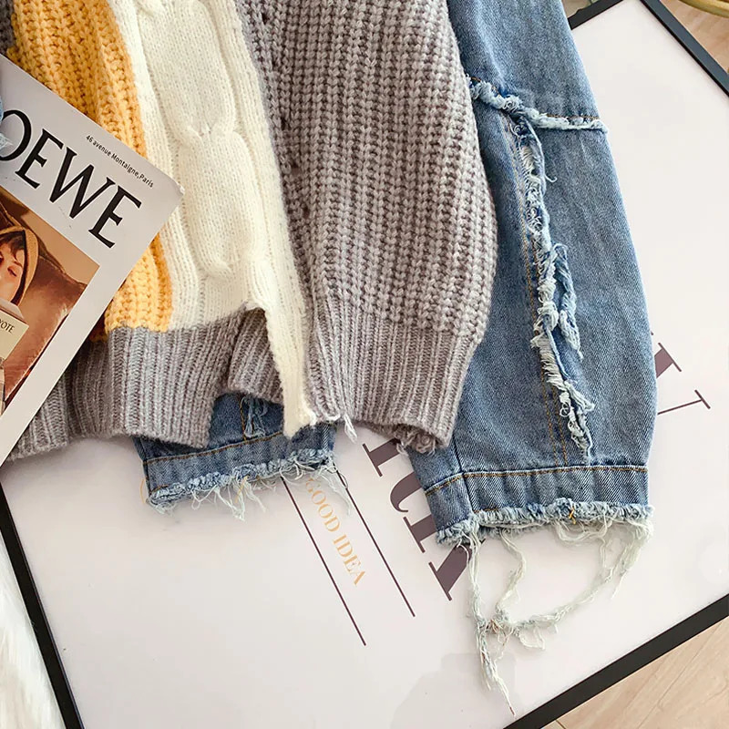 Denim woven spliced long sleeved O-neck Mohier knitted jumper womens loose womens sweater top womens clothing fashion 241022