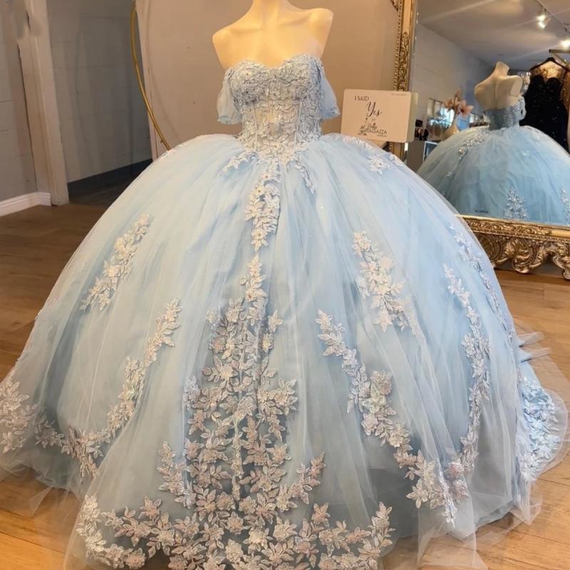 Sky Blue Shiny Quinceanera Dresses Ball Gown Off The Shoulder Lace Applique Beading Crystal Tull Mexican Corset Sweet 16 Dress Vestido De 15 Anos