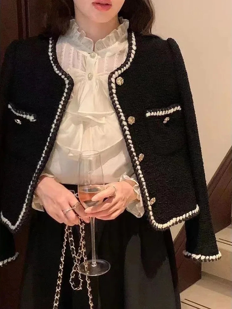 Autumn and winter fashion retro jacket for women Korean elegant single chest cut jacket coarse tweed long sleeved casual short sleeved jacket 241023