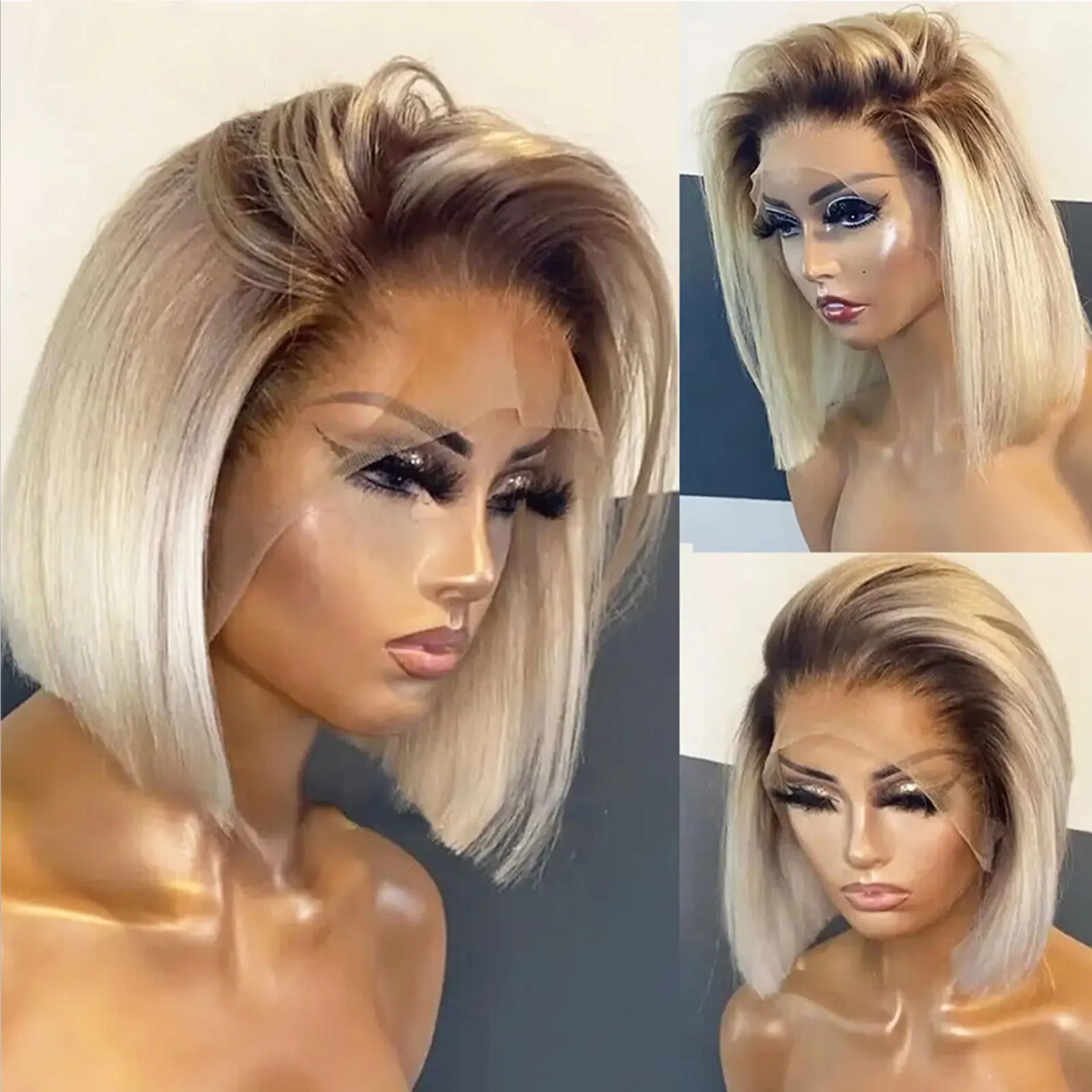1B 613 Blonde Ombre Brazilian Short Straight Bob Wig with bangs Pre Plucked synthetic lace front wig glueless Wigs for White Women