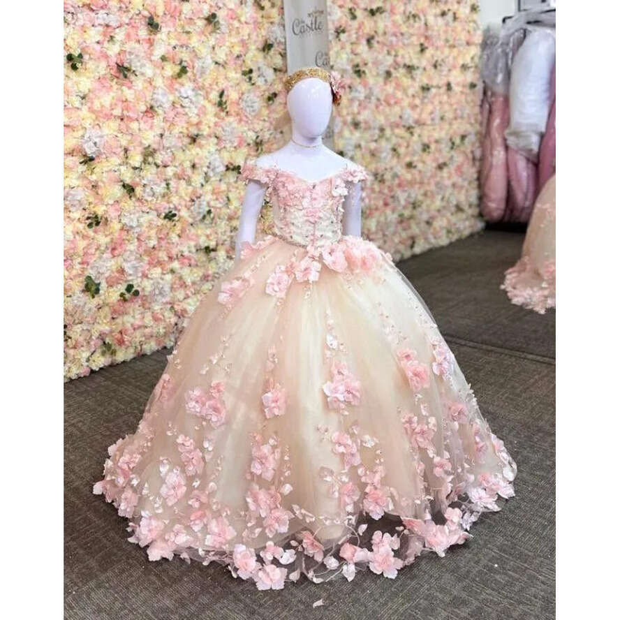 Quinceanera Mini Off Shoulder Dresses For Girls 3D Ral Applique Little Princess Wedding Party Wer Girl Dress Bc18710