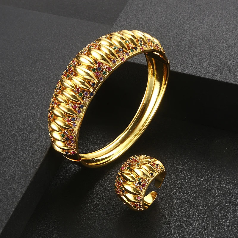 Accking and Unique Dubai Bracelet Ring Set Womens Wedding Jewelry Set Cubic Zircon Crystal CZ Dubai Bridal Jewelry Set 241023