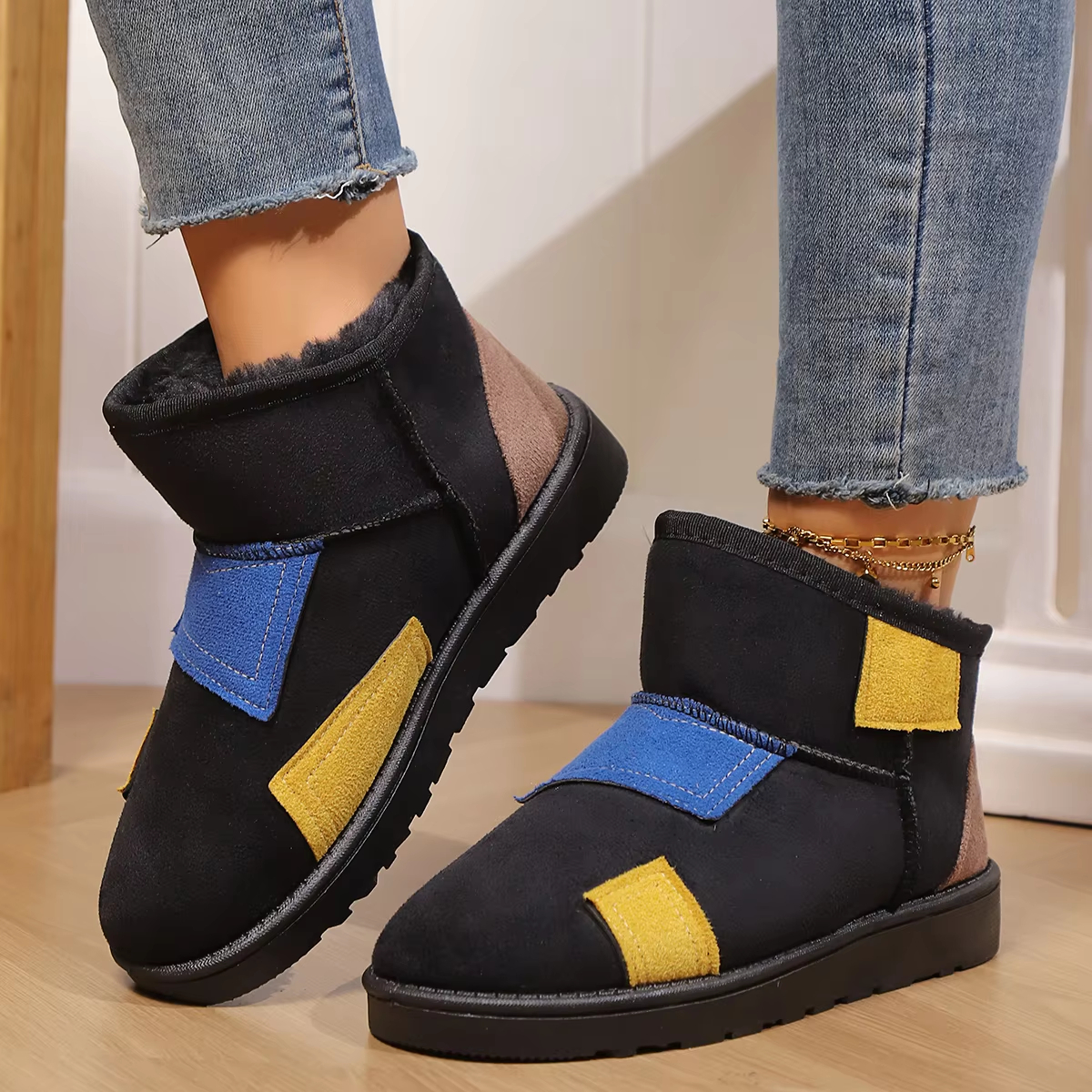 Winter Short-Tube Matching Color Cashmere Cotton Flat Wear-Resistant Fashion Designer Thick Soles Plus Plush Comfort Snow Boots