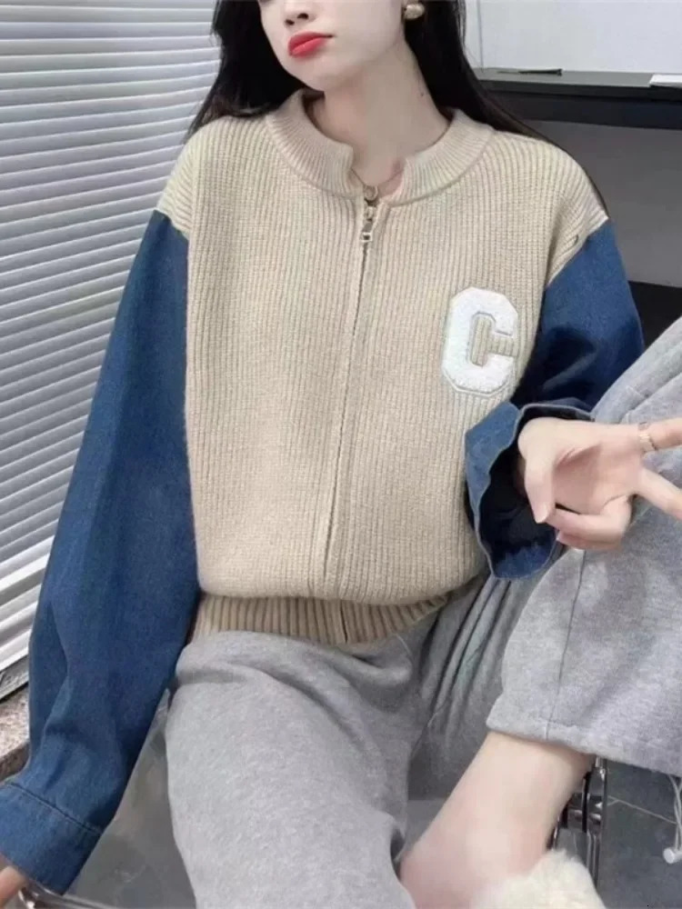Denim Sleeve Jacket Splicing Knit Cardigan Sweater Womens Autumn Winter n Sense Fashionable Versatile Zipper Contrasting 241021