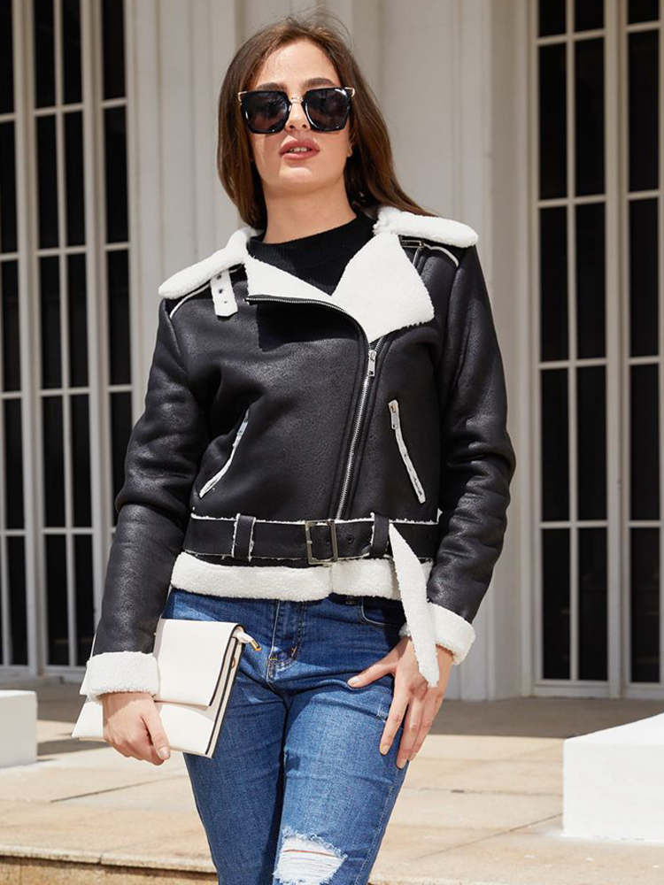 OIINAA Cking Faux Leather For Women Coat With Belt Thicken Warm Turn-Down Collar Coats Korean Fashion Female Jackets