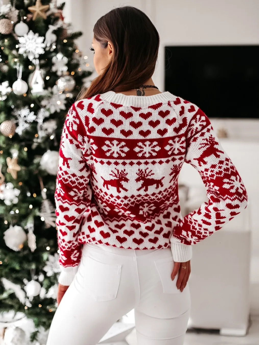 Winter Christmas Women Sweaters Pullover Tops Casual Long Sleeve Print Knitted Sweater Clothes 241021